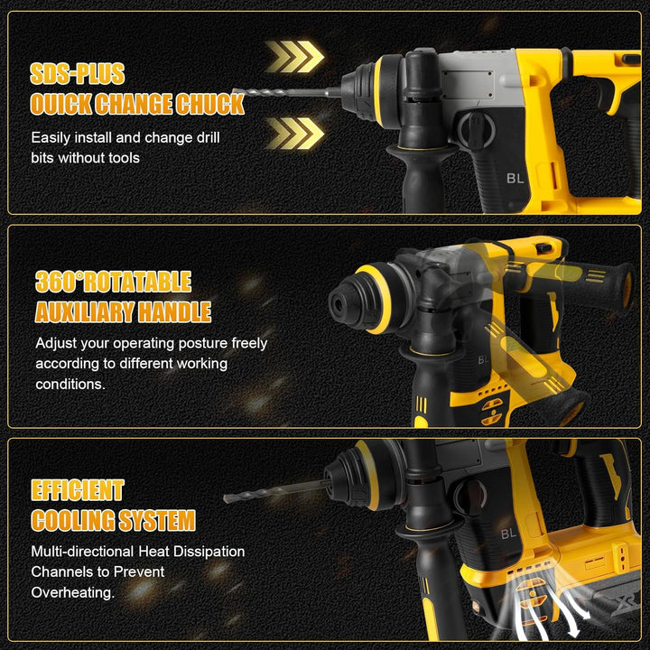 1250W Akku Kombihammer und Bohrlöcher 2-in-1 kompatibel mit DeWalt 20V Akku(ohne Akku),22 mm Bürsten