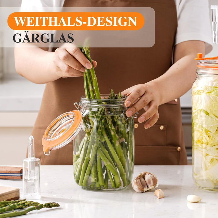 1,5L Fermentierglas, Fermentationsglas mit Gärventi & Gewicht, Gärglas für Sauerkraut, Kimchi, Kombu