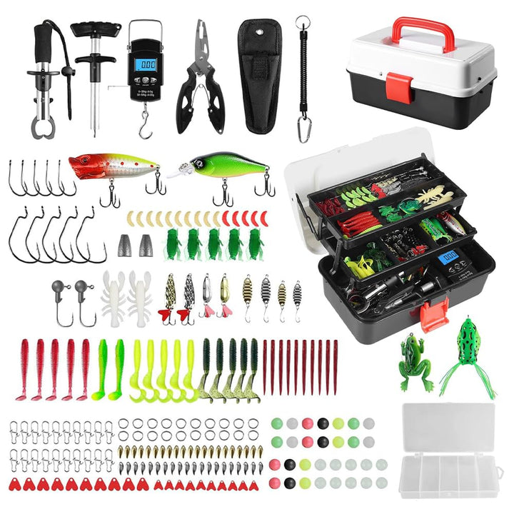 Angelzubehör Set,213 Pcs Angelköder Set und Werkzeugset mit Lippenclips, Hakenentferner, Angelkoffer