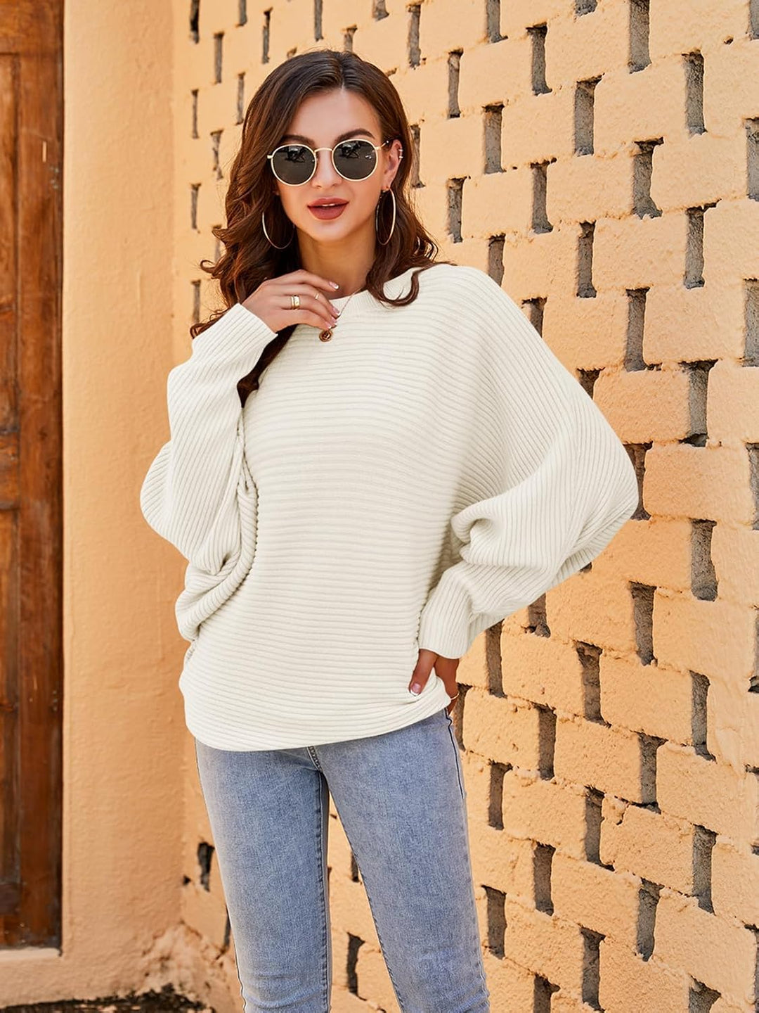Fessceruna Damen Strickpullover Fledermausärmel Oversized Pullover Rundhalsausschnitt Winter Gerippt