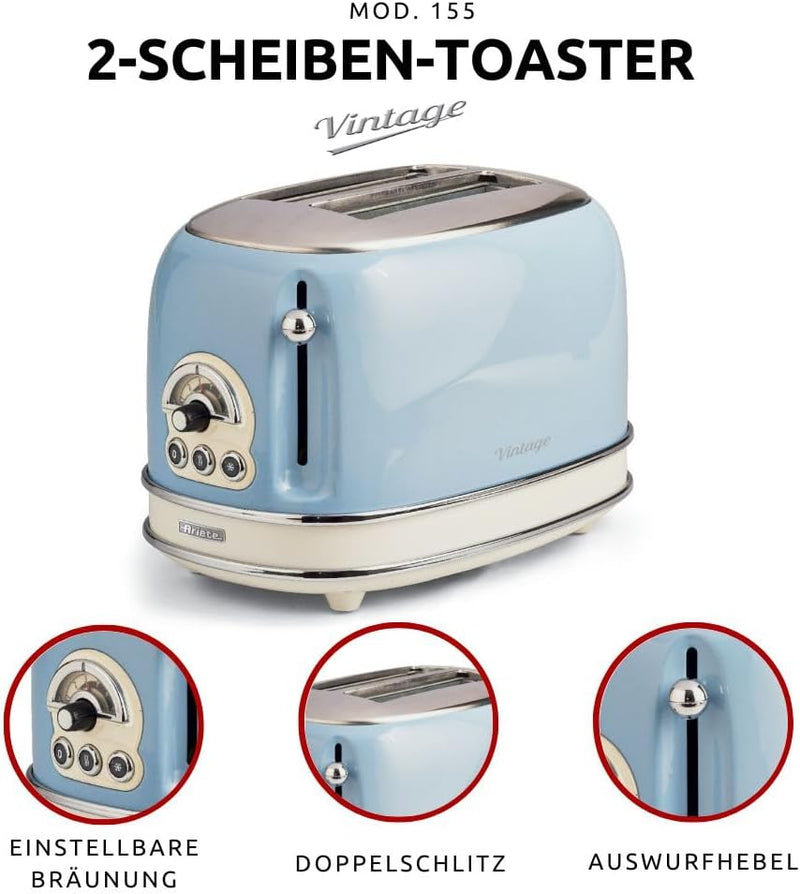 Ariete 155, Design-Toaster für 2 Scheiben, 6 Toaststufen, 810 W, Gehäuse aus Edelstahl, herausnehmba