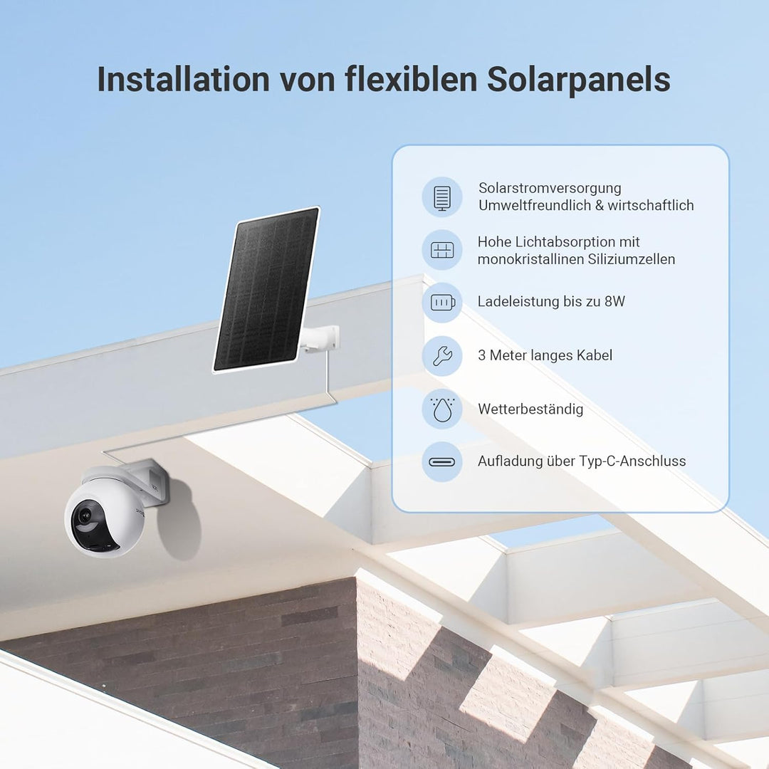 EZVIZ 8W Solarpanel mit Typ-C-Anschluss, Stromversorgung für Überwachungskamera Akku Solar, Wasserdi