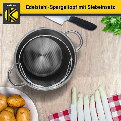 Krüger Edelstahl-Spargeltopf mit Glasdeckel und Siebeinsatz - Spargel-Kochtopf mit Deckel zum Sichtk