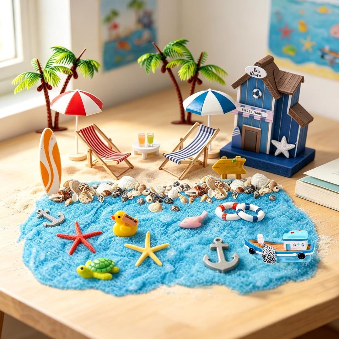 24 Stück Mini Strand Deko Set, Miniatur Deko Miniatur Strandlandschaft Zubehör mit Palme, Liegestuhl