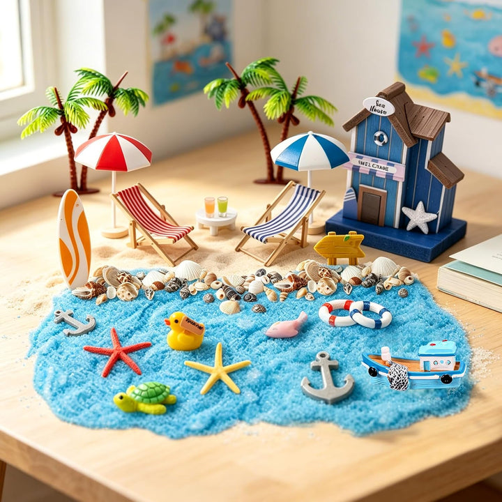 24 Stück Mini Strand Deko Set, Miniatur Deko Miniatur Strandlandschaft Zubehör mit Palme, Liegestuhl