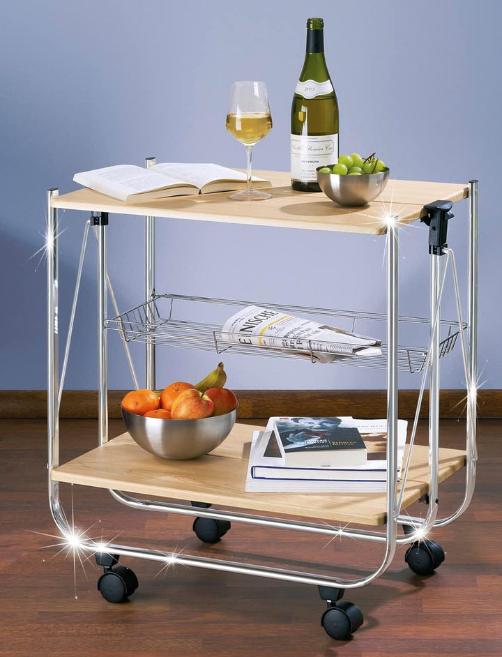 WENKO Servierwagen Dinett Deluxe Ahorn, 2 Ablageflächen & länglicher Gitterkorb, mit 4 leichtgängige