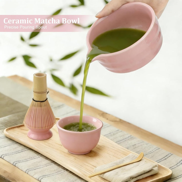 5 Stück Matcha Set, Japanisches Matcha Tee Set mit Bambusbesen, Keramik Schale mit Ausgiesser, Edels