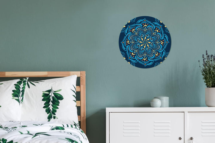 Wandbild Rund Wanddeko Deko Wohnzimmer Bilder 30x30 cm Mandala - Blau - Gelb - Muster, 30x30 cm