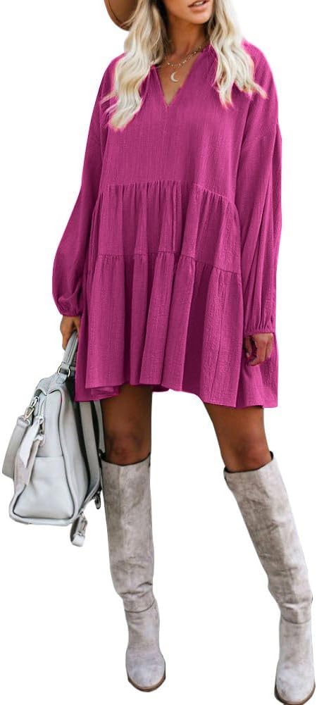 FANCYINN Damen Cute Shift Kleid mit Taschen Glockenärmel Rüschen Saum V Ausschnitt Lose Swing Tunika