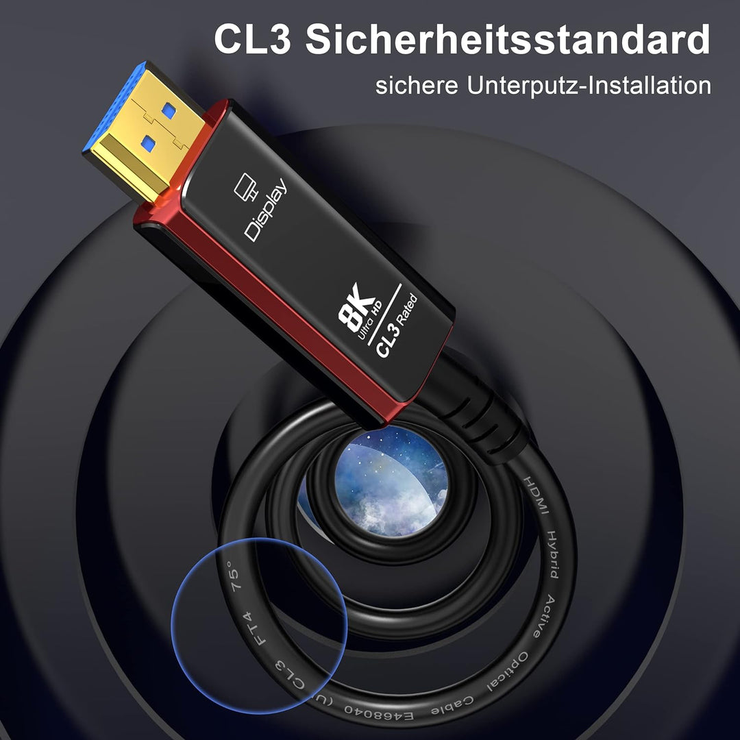 8K HDMI Glasfaser Kabel 15M, High Speed Glasfaserkabel HDMI 2.1 Kabel CL3 In Wall 48Gbps Unterstützu