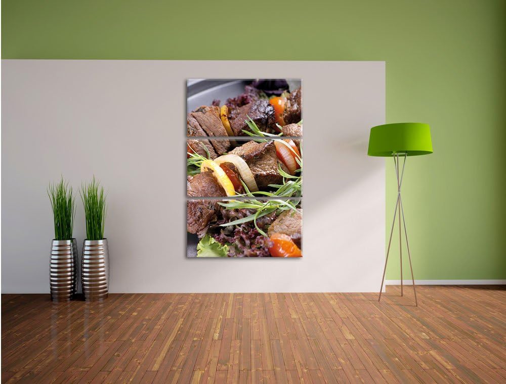 Pixxprint Schaschlik Fleischspiess / 3-Teilig/Gesamtmass 120cm Leinwandbild bespannt auf Holzrahmen/