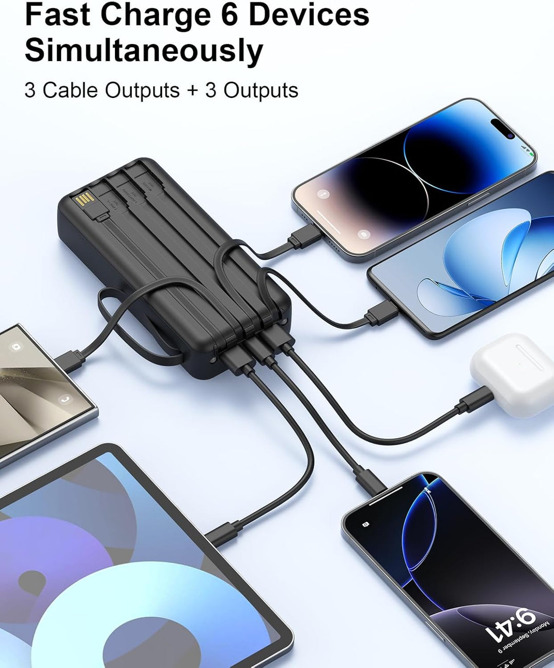 Power Bank 20000mAh(2026 Upgrade), 22,5W Powerbank Externer Handyakkus mit Kabel, 6 Ausgängen &amp; 2 Ei