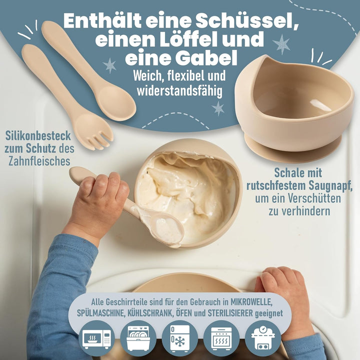Kindergeschirr set aus Silikon mit Transport oder Aufbewahrungstasche - Kinderbesteck ab 1 jahr - Be