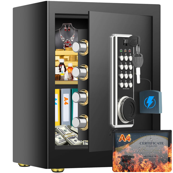 45L Grosser Feuerfester Tresor Safe mit Feuersichere Dokumententasche, Digitaler Möbeltresore mit 2