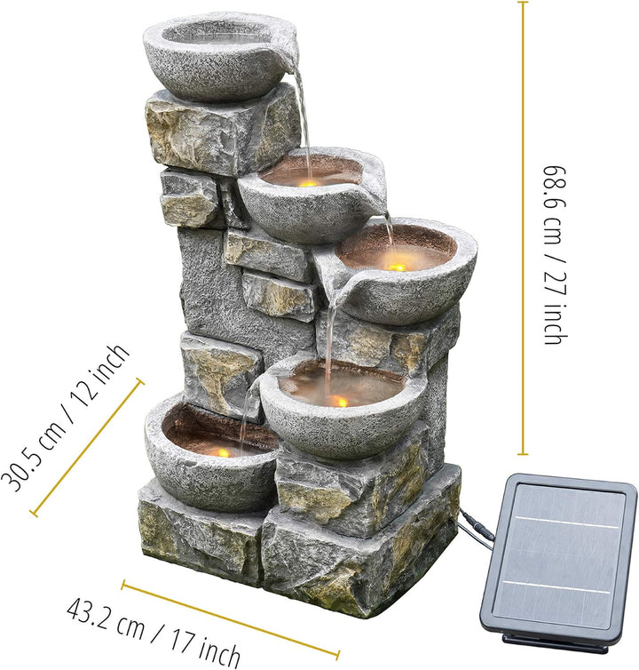 Solar-Wasserbrunnen für den Garten aus Stein mit Ornamenten und LEDs PT-SF0003