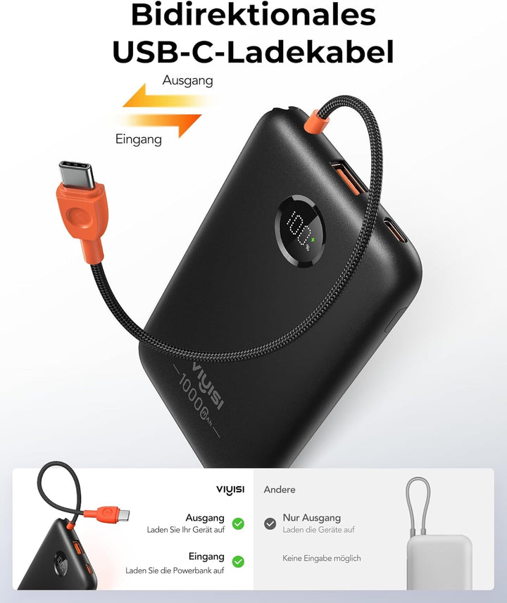 VIYISI Powerbank 10000mAh Ultradünn, 22.5W PD 20W Fast Charge mit Integriertem USB-C Kabel, LED-Anze