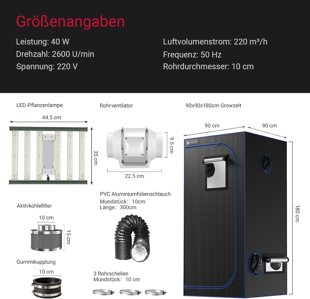 Growzelt Komplettset mit Growzelt 90x90x180 cm 240W LED Grow Lampe und Regelbar Rohrventilator 100mm
