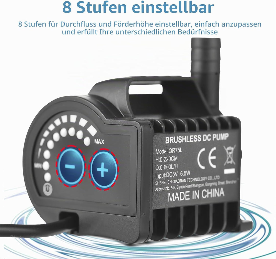 Elektrische Wasserpumpe, tragbare Mini-5-V-Tauchwasserpumpe, 8 Stufen Geschwindigkeitsregulierung, m