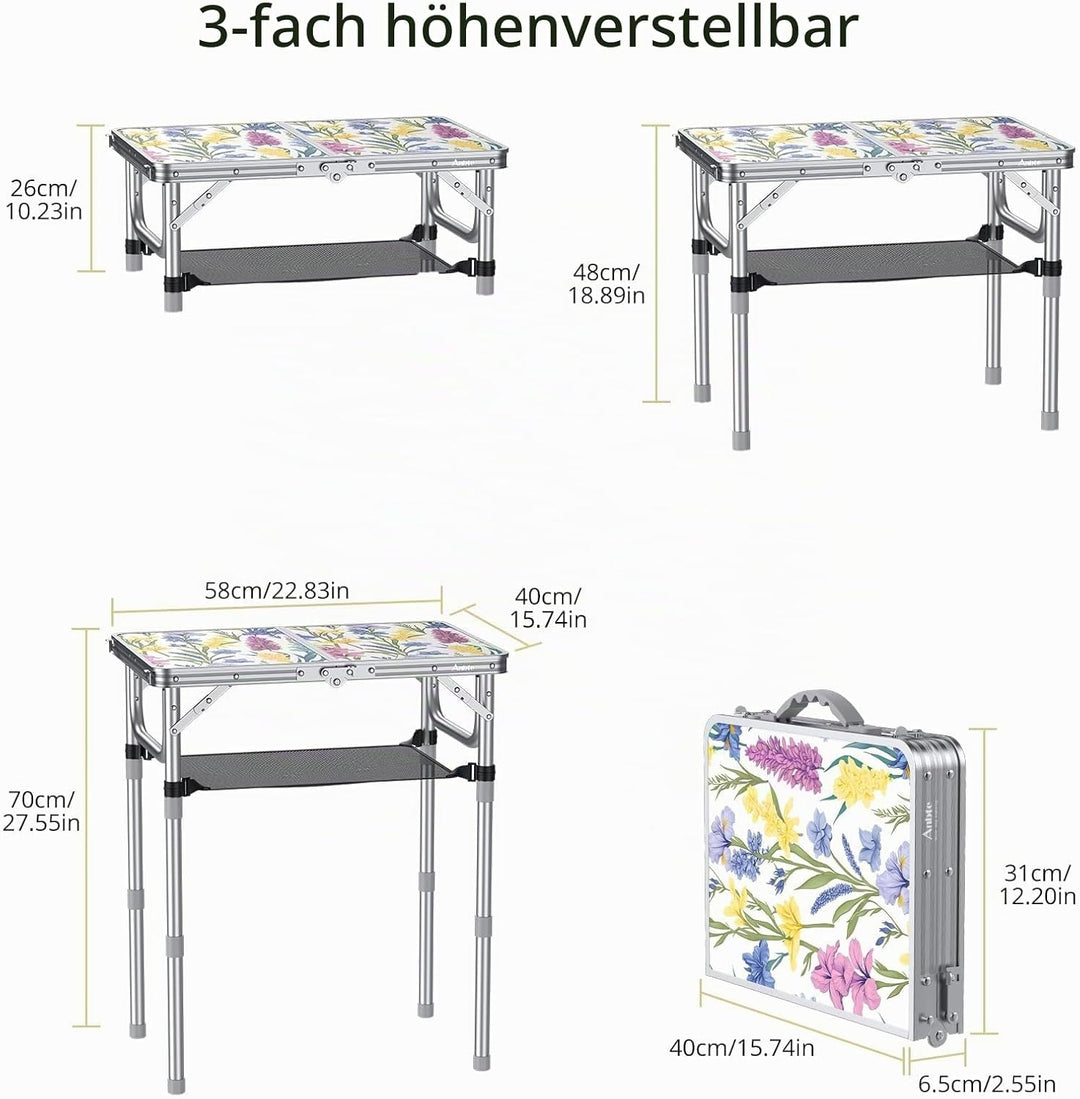 Anbte Campingtisch Klappbar 58x40cm Aluminium-Rahmen Picknicktisch 3 Höhen Verstellbar 26/48/70cm MD