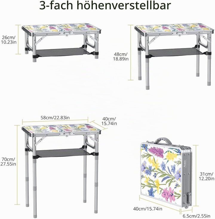 Anbte Campingtisch Klappbar 58x40cm Aluminium-Rahmen Picknicktisch 3 Höhen Verstellbar 26/48/70cm MD