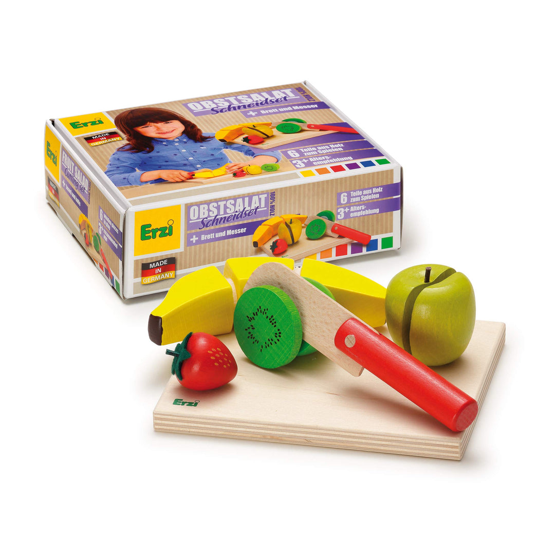 Erzi 28206 Schneidset Obstsalat aus Holz, Kaufladenartikel für Kinder, Rollenspiele