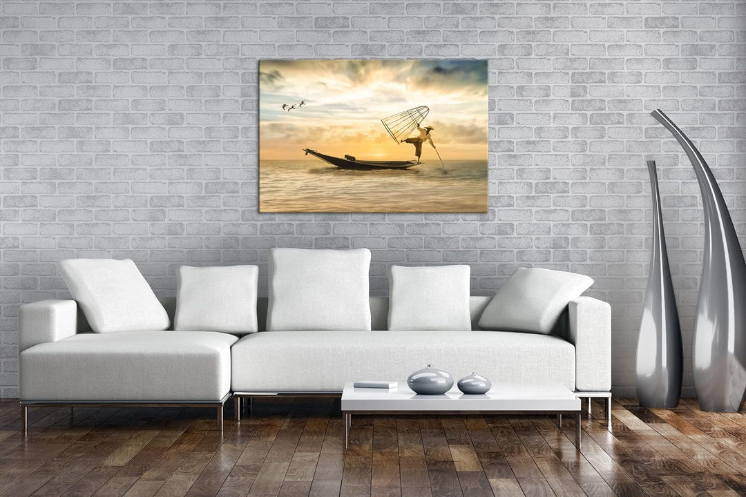 deyoli verspielter Fischer auf seinem Boot Format: 120x80 als Leinwandbild, Motiv fertig gerahmt auf