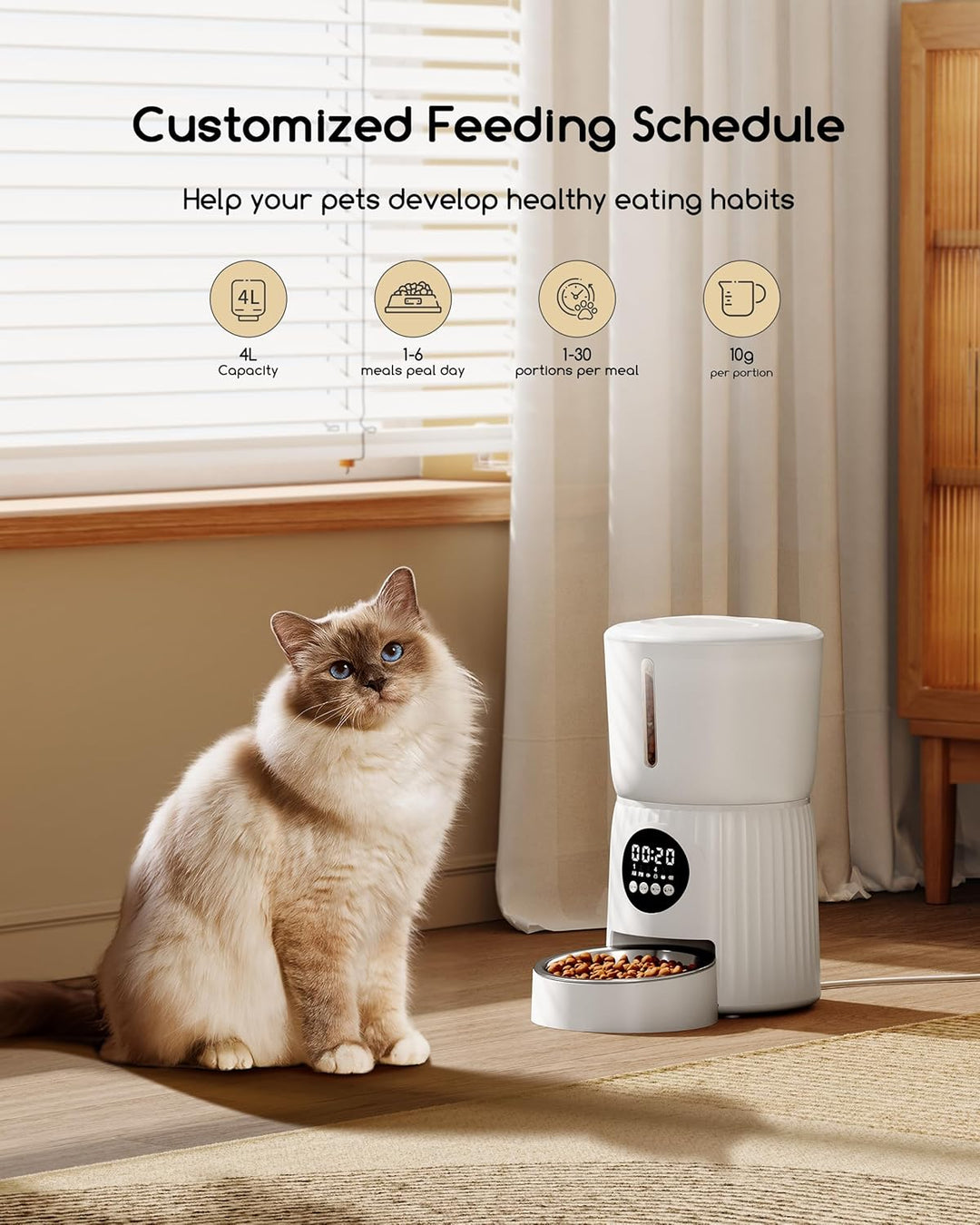 faroro Futterautomat Katze, 4L Katzenfutter Automat, Futterspender Katze Mit 1–6 Mahlzeiten Pro Tag,