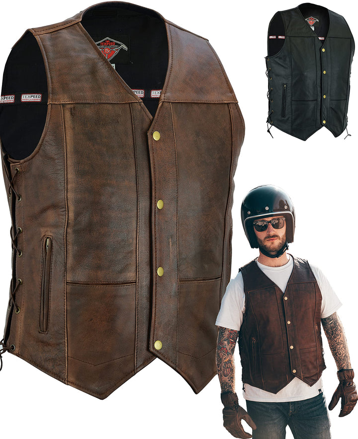 Texpeed motorrad leder weste herren - Chopper biker rocker lederweste - Reissverschlusstaschen mit g