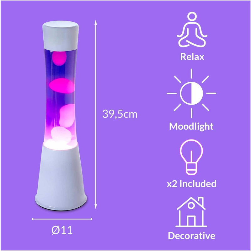 FISURA - Lila und weisse Lavalampe. Weisse Basis, violette Flüssigkeit und weisse Lava. Lavalampe mi