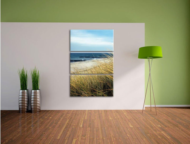Pixxprint Sanddünen mit Schilfgras am Meer 3-Teiler Leinwandbild 120x80 Bild auf Leinwand