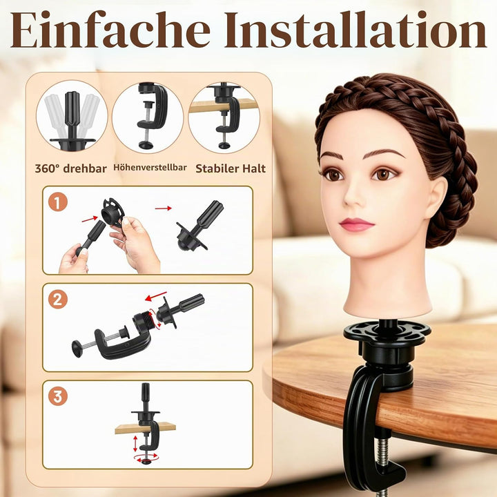 Yofuly 24Zoll / 61cm Frisierkopf mit Ohrlöchern, 80% Echthaar Übungskopf, Frisieren Trainingsköpfe P