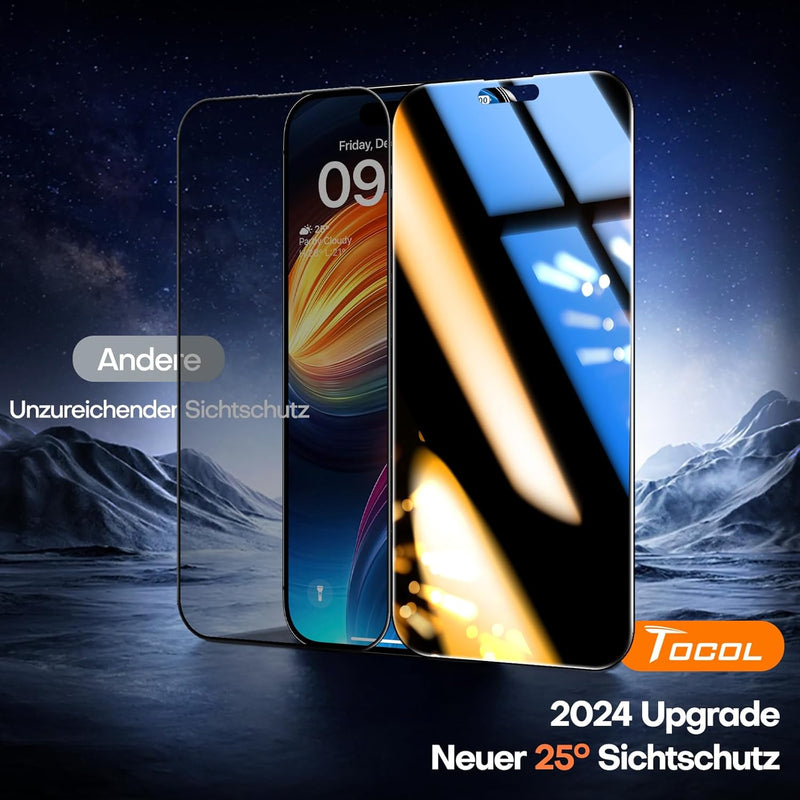 TOCOL für iPhone 16 für Panzerglas Sichtschutz, Stossfest Full Screen Auto-Installation 0 Blasen 9H