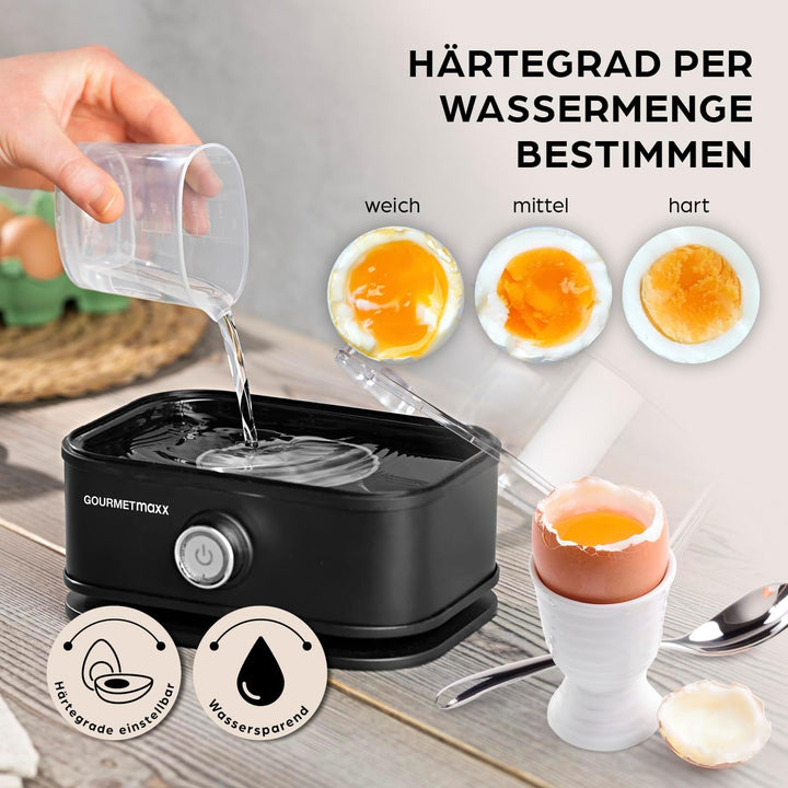 GOURMETmaxx Eierkocher für 6 Eier | Egg Boiler mit Eierstecher im Messbecher | Egg Cooker mit 3 Härt