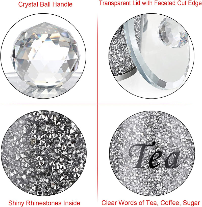 BTSKY Set von 3 Crushed Diamonds Dosen mit Deckel für Zucker Kaffee Tee - Glasbehälter für Küche Gla