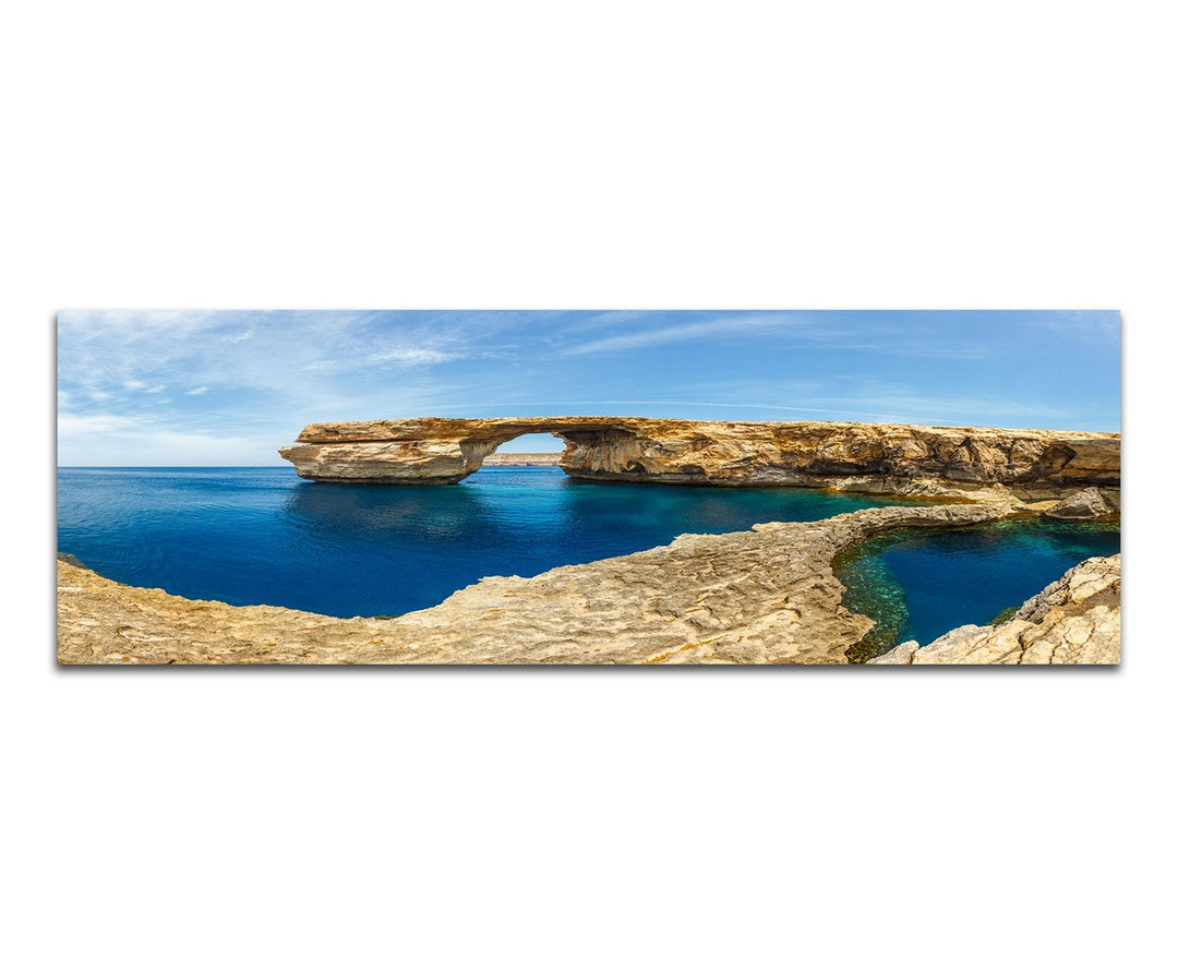 Paul Sinus Art Panoramabild auf Leinwand und Keilrahmen 150x50cm Malta Felsen Meer Sommer Wolkenschl