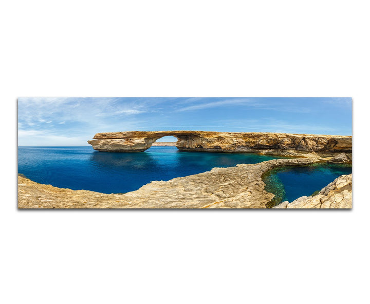 Paul Sinus Art Panoramabild auf Leinwand und Keilrahmen 150x50cm Malta Felsen Meer Sommer Wolkenschl