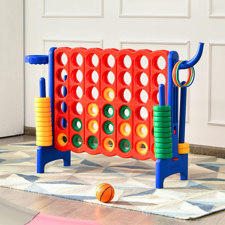 COSTWAY Riesiges 4 Gewinnt Spielset mit Basketballkorb und Wurfspiel, inkl. 42 Jumbo Ringen und Schi