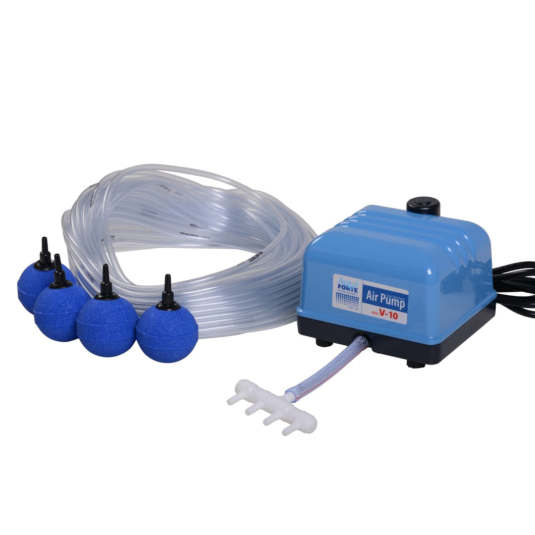AquaForte Hi-Flow V-10 Luftpumpenset, Komplettset mit Luftverteilern, 25 m Schlauch 4 x 6 mm und 4 L