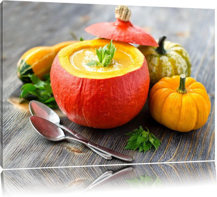 Leckere Kürbissuppe in Kürbis Format: 100x70 auf Leinwand, XXL riesige Bilder fertig gerahmt mit Kei