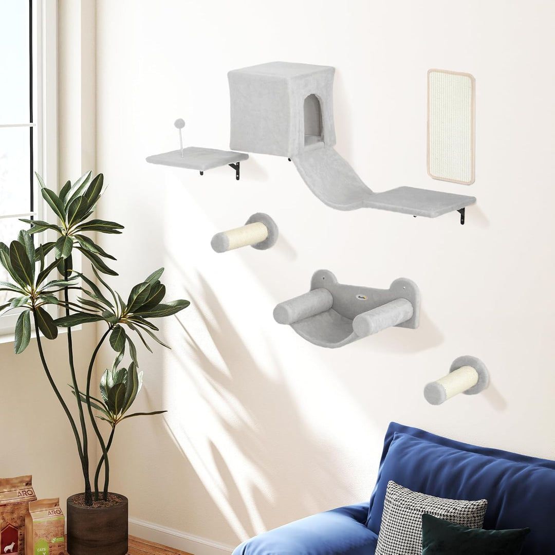 PawHut Kletterwand Katzen, 6-teilig Katzenkletterwand Set, Katzen Wandelemente mit Katzenhaus, Hänge