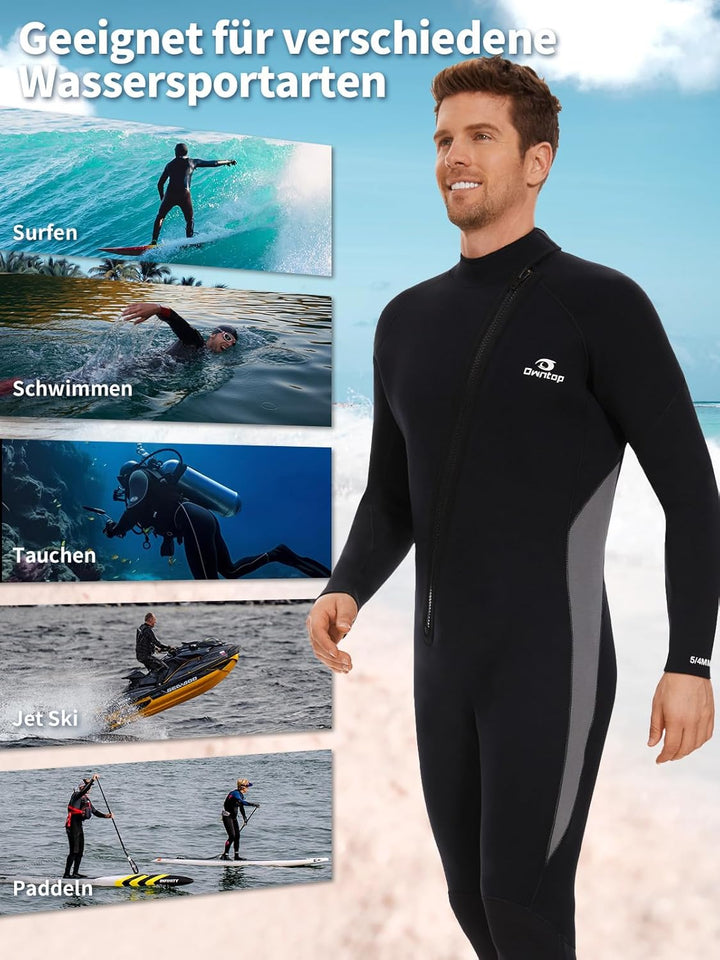 Owntop 5mm Neoprenanzug für Herren Damen– Neopren Tauchanzüge Stretch Langarm Einteilig Frontreissve