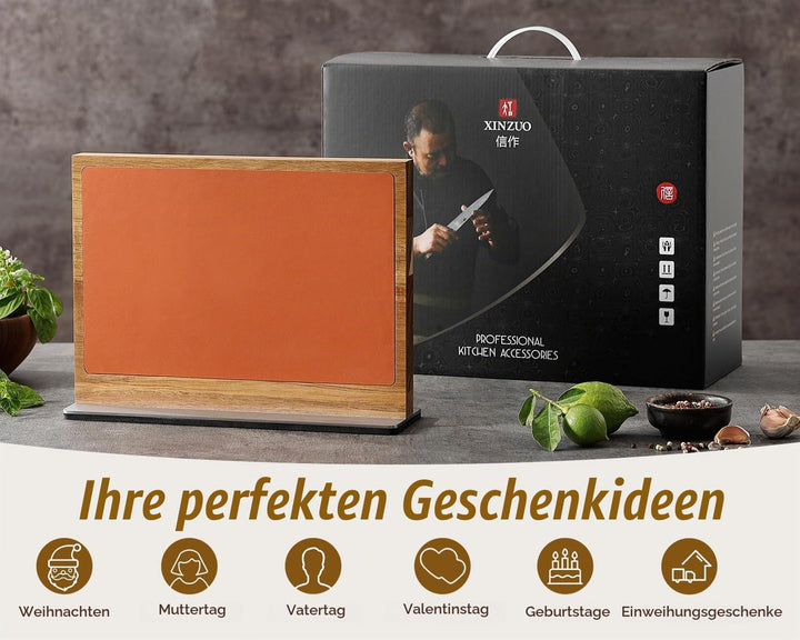 XINZUO Magnetisch Messerhalter Akazienholz, Zweifarbige Lederoberfläche, Doppelseitig erhältlich, Oh