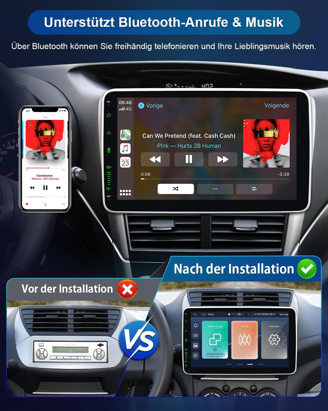 Autoradio 1Din mit 10 Zoll Bildschirm, 1 DIN Car Radio mit Wireless Apple CarPlay & Android Auto, Bl