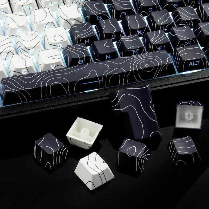 Sunzit Custom Keycaps, Weisse & Schwarz Topographische 131 Tasten PBT Cherry Profil Dye Sublimation