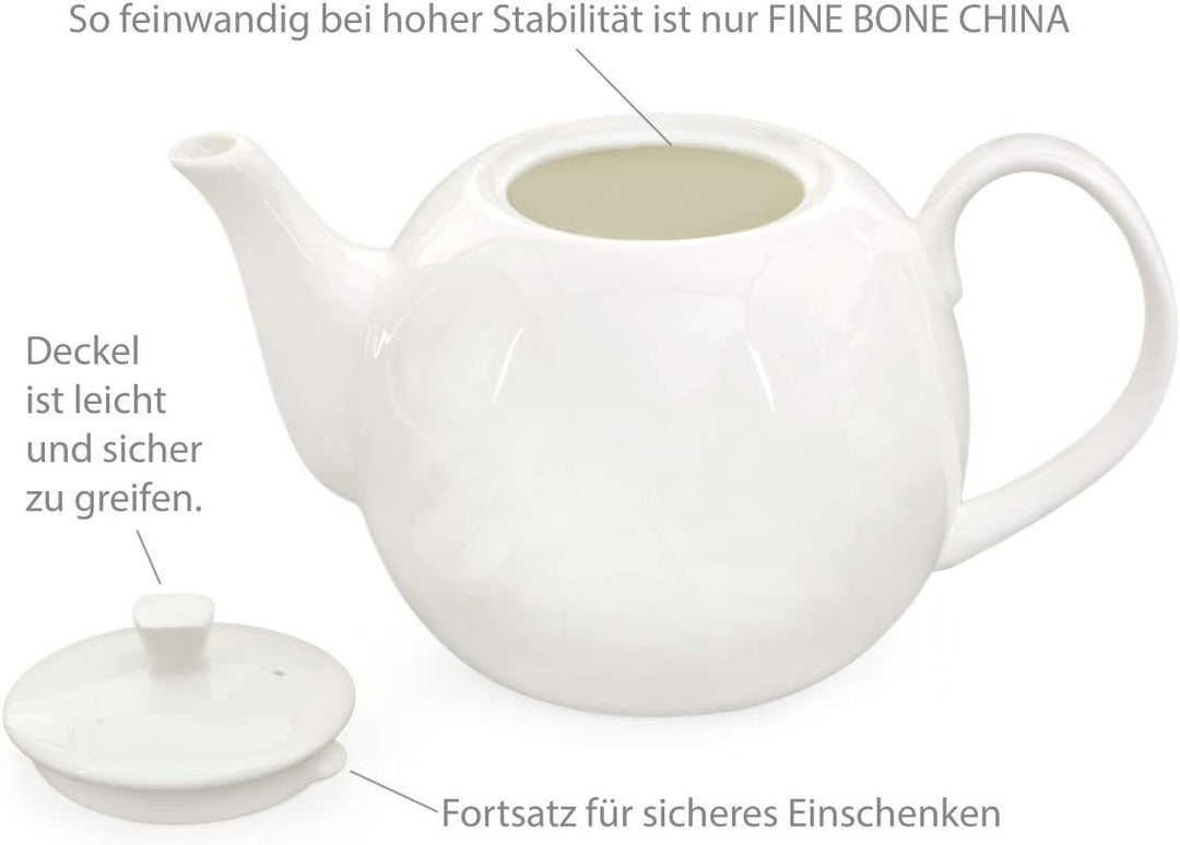 Buchensee Teeservice aus Fine Bone China Porzellan. Teekanne in fein-cremigem Weiss mit 1,5l Füllvol