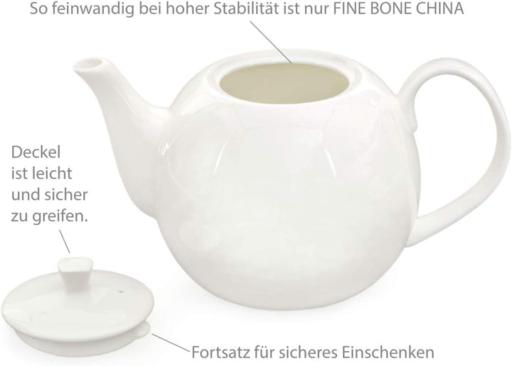 Buchensee Teeservice aus Fine Bone China Porzellan. Teekanne in fein-cremigem Weiss mit 1,5l Füllvol