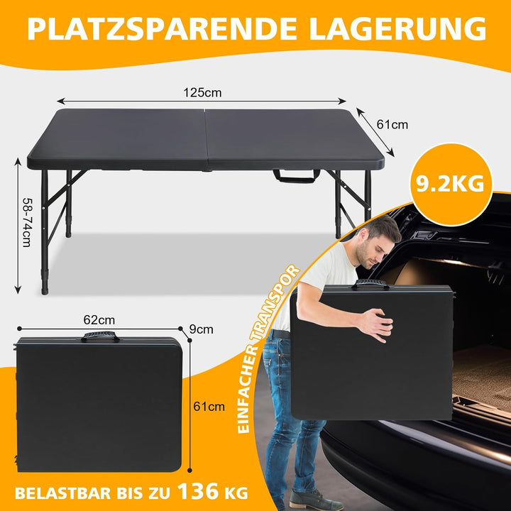Klapptisch 125x61cm Kunststoff Klappbar Gartentisch Multifunktional Campingtisch mit Griff für BBQ,