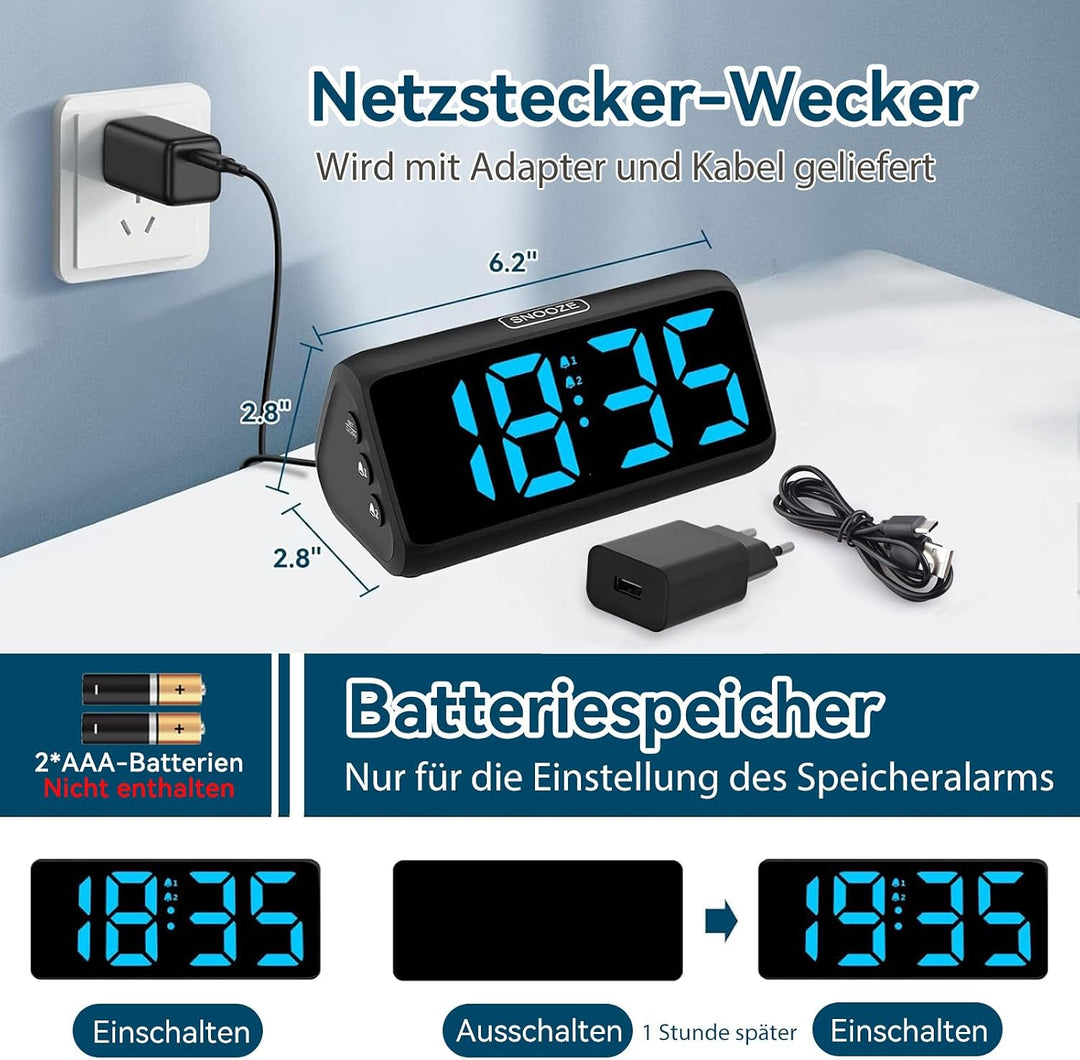 Netzu Lauter Wecker für Tiefschläfer, Digitalwecker mit LED Display, Doppelalarm, 5 Helligkeitsdimme