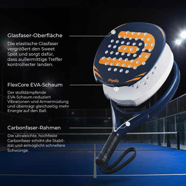 Padel Schläger von Angelite mit 2 Jahren Garantie | 360 g Leichter und robuster Carbonfaser-Rahmen,