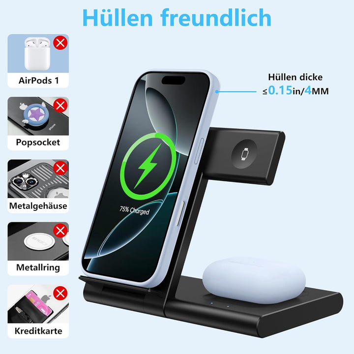 Ladestation Apple Watch und iPhone, 3 in 1 Ladestation für iPhone 17/16/15/14/13/12/11/Pro/Max/Plus,